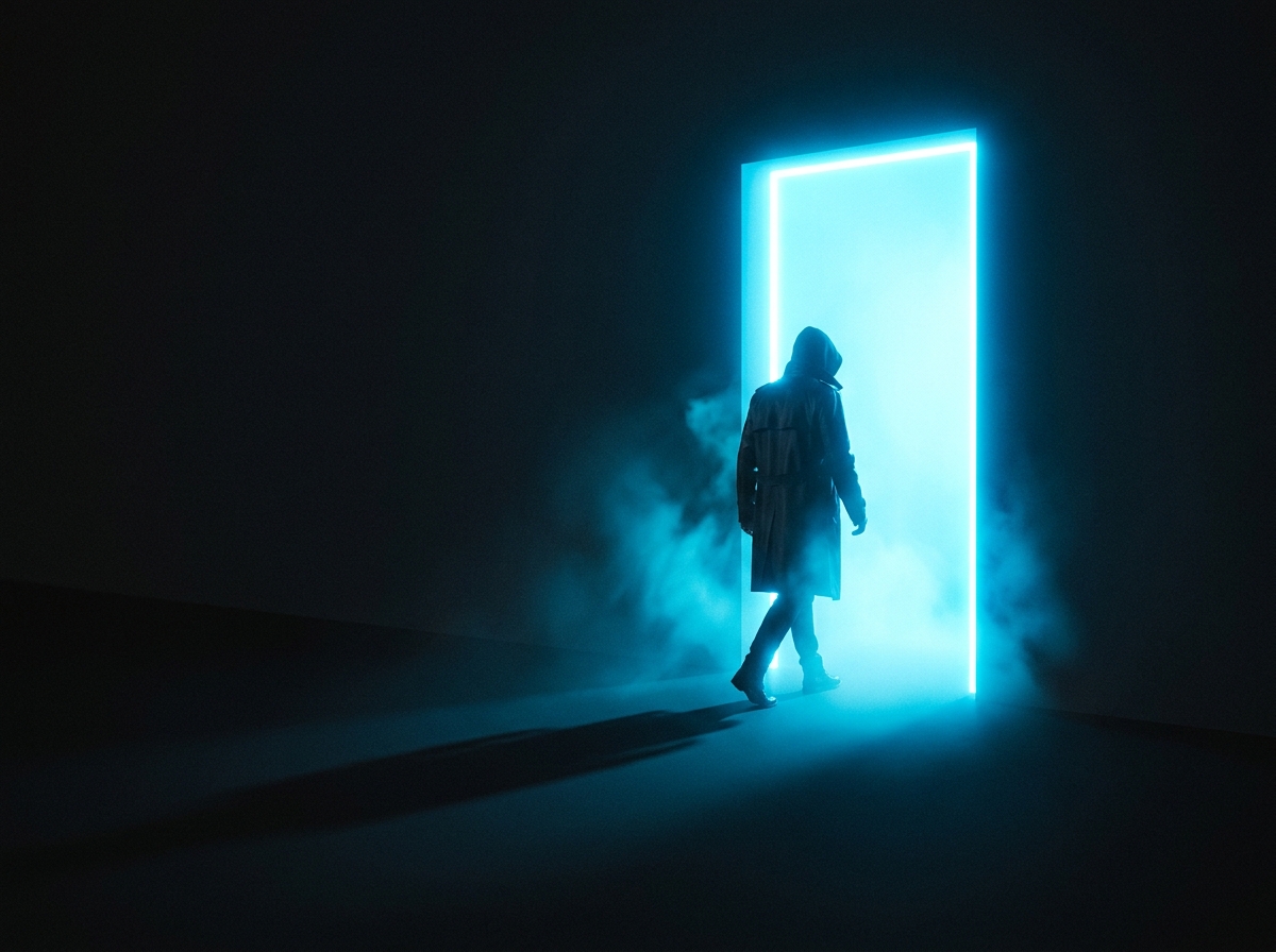 Uma pessoa atravessando uma porta de luz neon
