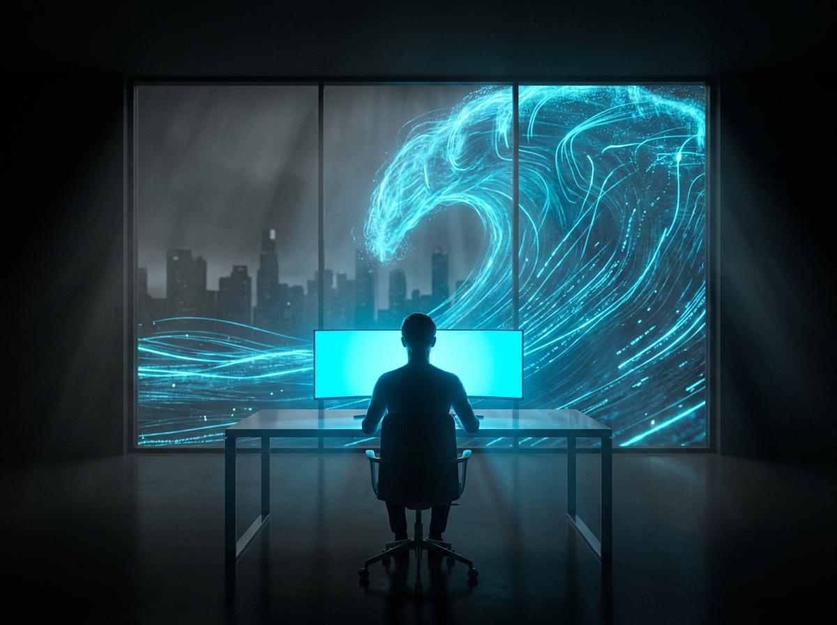 Uma pessoa construindo software enquanto uma onda de luz passa pela janela